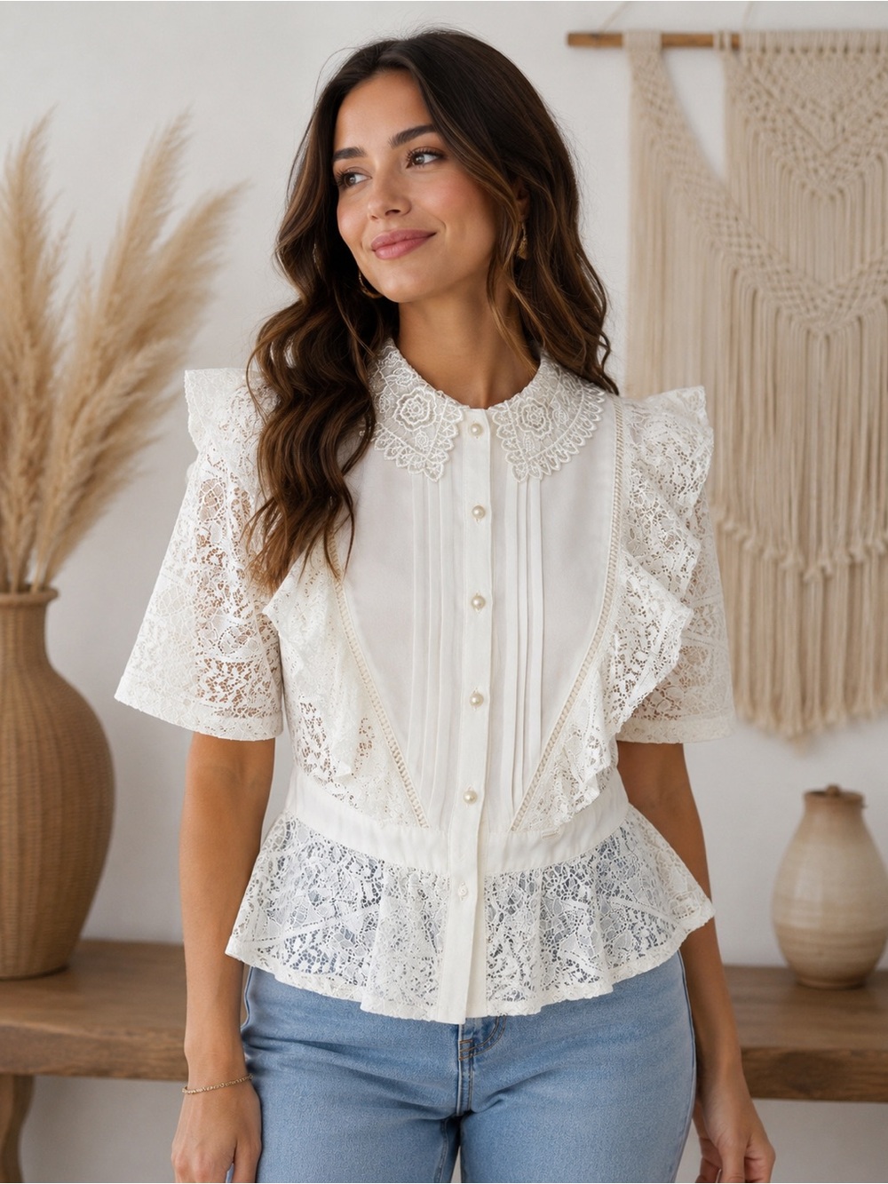 Explosiva White Lace‎ Peplum Blouse Peter Pan Collar Romantic est. size Small